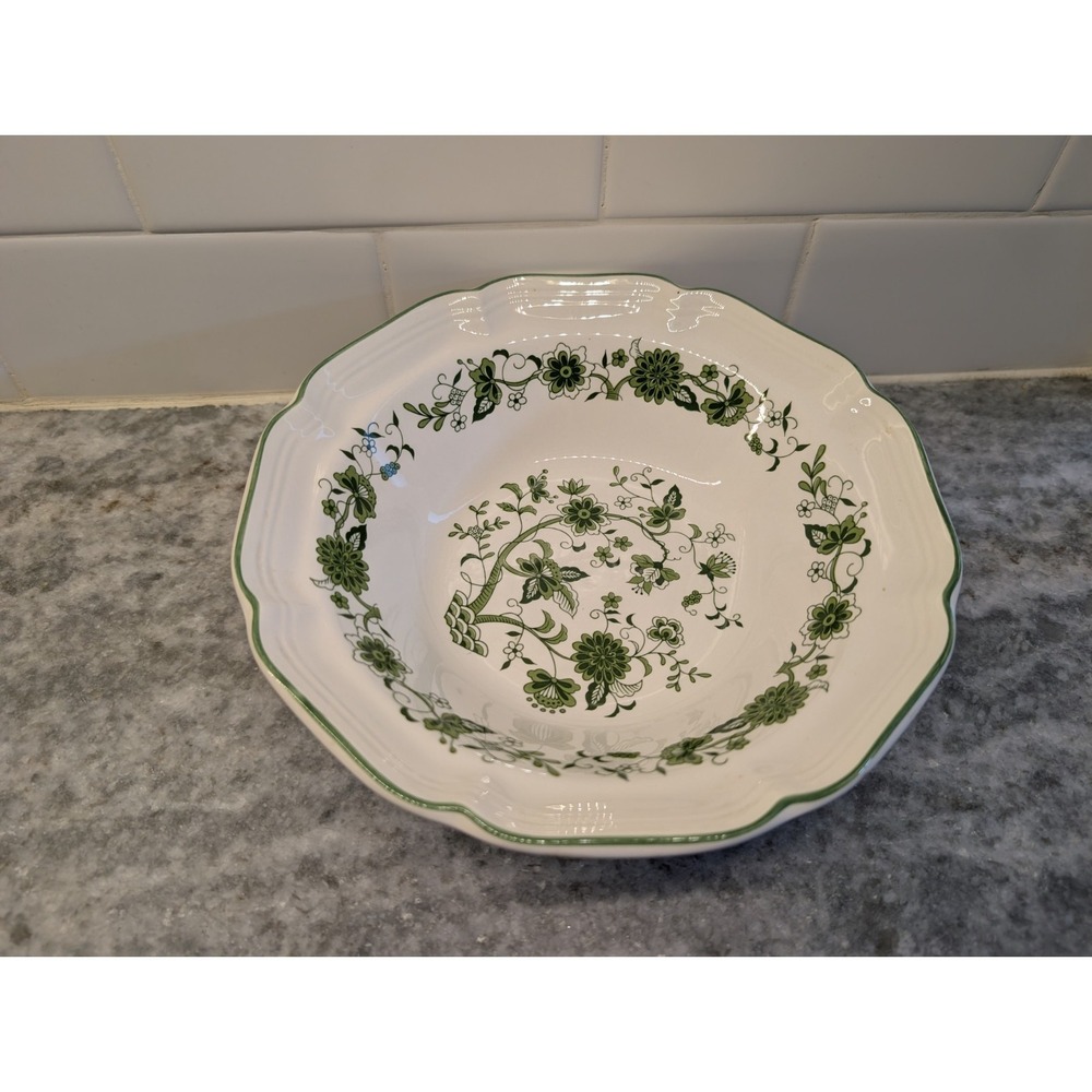 Transferware Green & White Floral Round Vegetable Serving Bowl Korea 8"